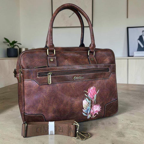 Cotton Road Laptop Bag: BROWN PU Leather Bag with PROTEAS