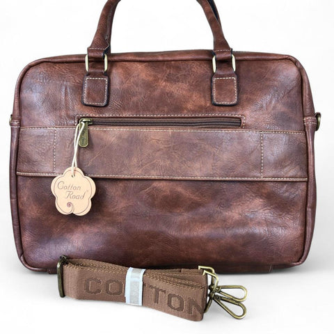 Cotton Road Laptop Bag: BROWN PU Leather Bag with PROTEAS