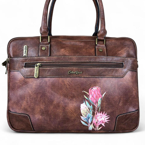 Cotton Road Laptop Bag: BROWN PU Leather Bag with PROTEAS