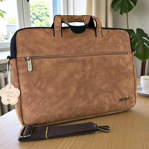 Cotton Road Laptop Bag: CAMEL PU Leather 15'6 Padded Laptop Bag / Carry Sleeve
