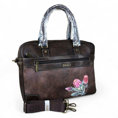 Cotton Road Laptop Bag: COFFEE BROWN PU Leather Bag with PROTEAS