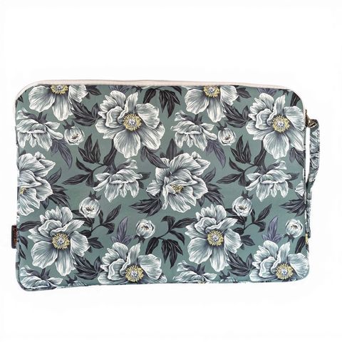 Cotton Road Laptop Bag: GREEN FLORAL Canvas with GREY Trim and Matching Sleeve COMBO