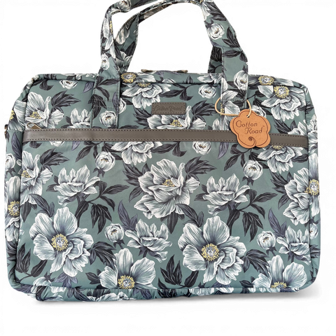 Cotton Road Laptop Bag: GREEN FLORAL Canvas with GREY Trim and Matching Sleeve COMBO
