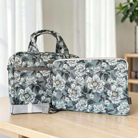 Cotton Road Laptop Bag: GREEN FLORAL Canvas with GREY Trim and Matching Sleeve COMBO