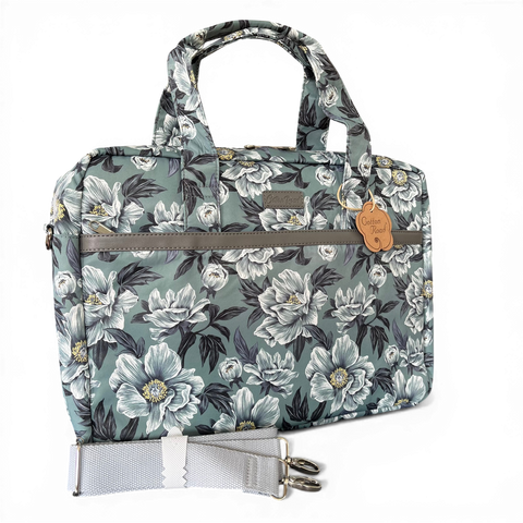 Cotton Road Laptop Bag: GREEN FLORAL Canvas with Matching Sleeve and LUNCH Cooler