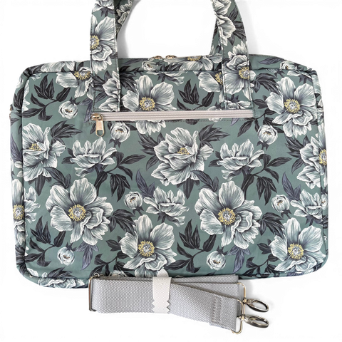 Cotton Road Laptop Bag: GREEN FLORAL Canvas with Matching Sleeve and LUNCH Cooler