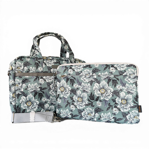 Cotton Road Laptop Bag: GREEN FLORAL Canvas with Matching Sleeve and LUNCH Cooler