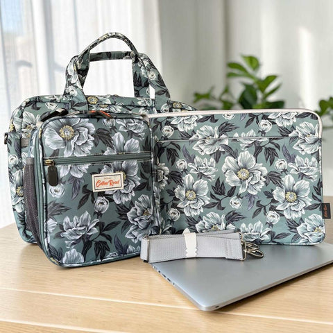 Cotton Road Laptop Bag: GREEN FLORAL Canvas with Matching Sleeve and LUNCH Cooler