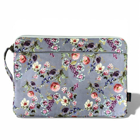 Cotton Road Laptop Bag: GREY Canvas FLORAL Laptop Bag with GREY Trim and Matching Sleeve COMBO