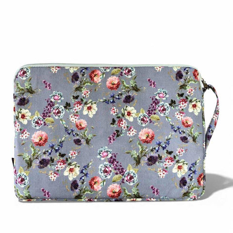 Cotton Road Laptop Bag: GREY Canvas FLORAL Laptop Bag with GREY Trim and Matching Sleeve COMBO
