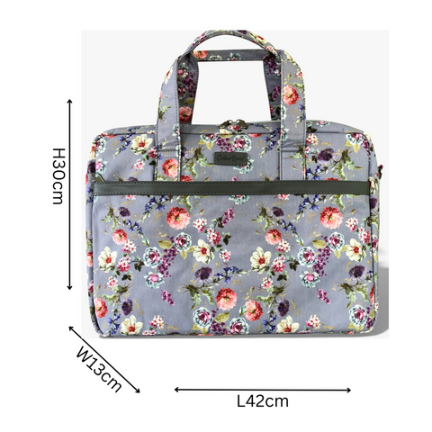 Cotton Road Laptop Bag: GREY Canvas FLORAL Laptop Bag with GREY Trim and Matching Sleeve COMBO