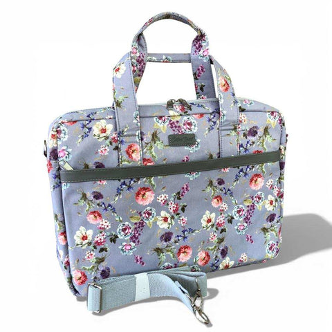 Cotton Road Laptop Bag: GREY Canvas FLORAL Laptop Bag with GREY Trim and Matching Sleeve COMBO