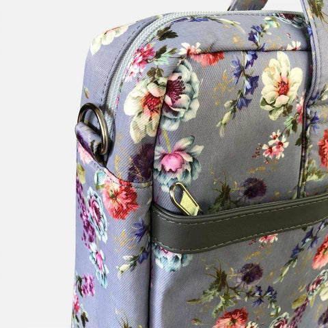 Cotton Road Laptop Bag: GREY Canvas FLORAL Laptop Bag with GREY Trim and Matching Sleeve COMBO