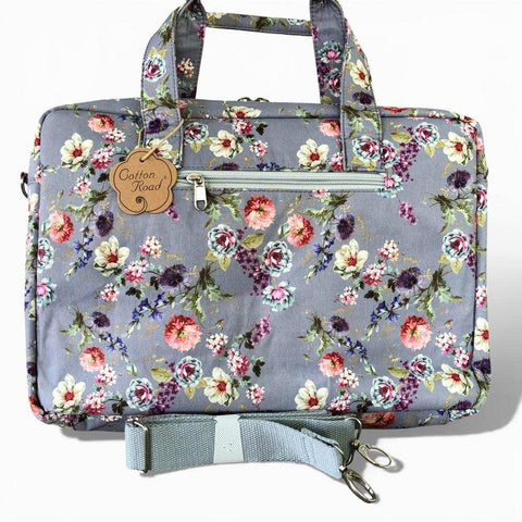Cotton Road Laptop Bag: GREY Canvas FLORAL Laptop Bag with GREY Trim and Matching Sleeve COMBO