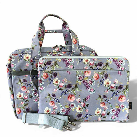 Cotton Road Laptop Bag: GREY Canvas FLORAL Laptop Bag with GREY Trim and Matching Sleeve COMBO