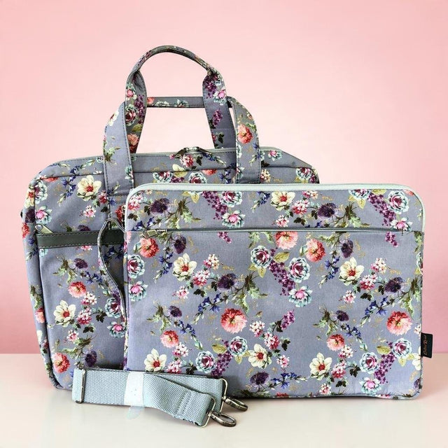 Cotton Road Laptop Bag: GREY Canvas FLORAL 15'6" Bag and Matching Sleeve COMBO