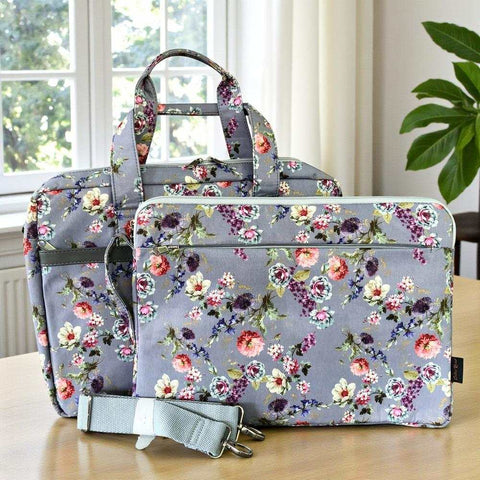 Cotton Road Laptop Bag: GREY Canvas FLORAL Laptop Bag with GREY Trim and Matching Sleeve COMBO