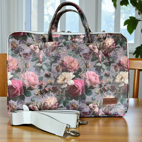 Cotton Road Laptop Bag: GREY FLORAL PVC Laptop Bag / Carry Sleeve with Padded Inner