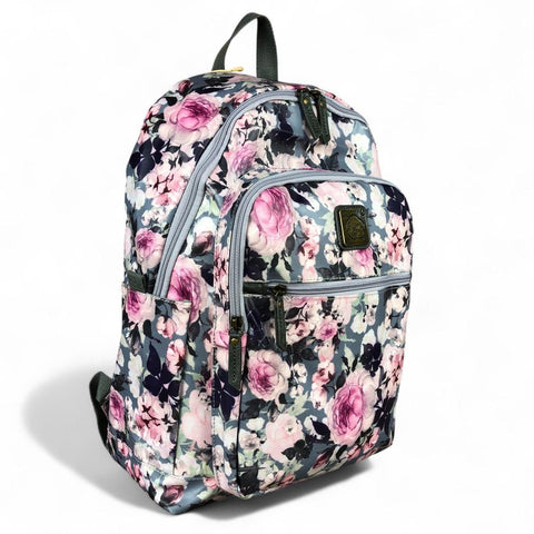 Cotton Road Laptop Bag: GREY PVC 15,6" Backpack with FLOWERS