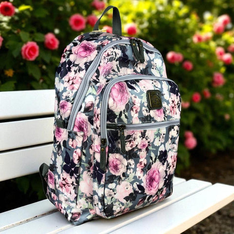 Cotton Road Laptop Bag: GREY PVC 15,6" Backpack with FLOWERS