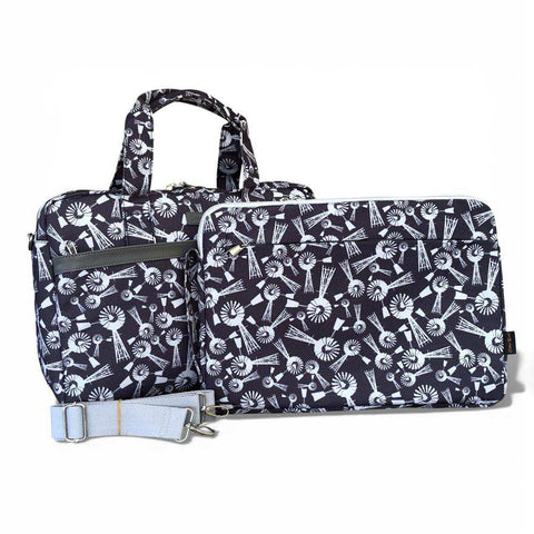 Cotton Road Laptop Bag: GREY WINDMILL Canvas Laptop Bag with GREY Trim and Matching Sleeve COMBO