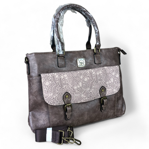 Cotton Road Laptop Bag: MAUVE PU Leather Lace Print Design