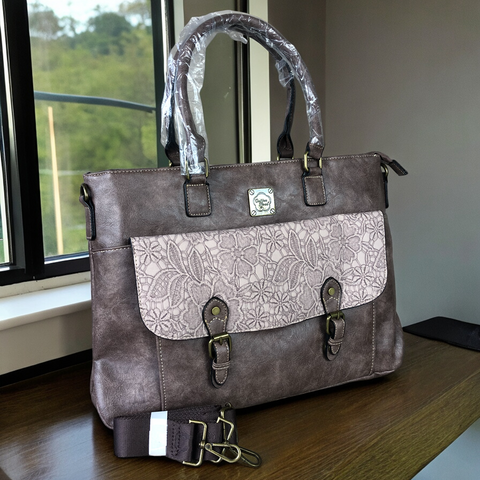 Cotton Road Laptop Bag: MAUVE PU Leather Lace Print Design