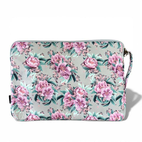 Cotton Road Laptop Bag: MINT GREEN Canvas FLORAL Laptop Bag with GREY Trim and Matching Sleeve COMBO