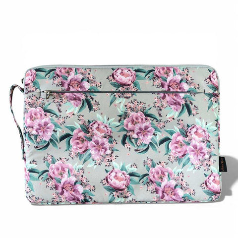 Cotton Road Laptop Bag: MINT GREEN Canvas FLORAL Laptop Bag with GREY Trim and Matching Sleeve COMBO