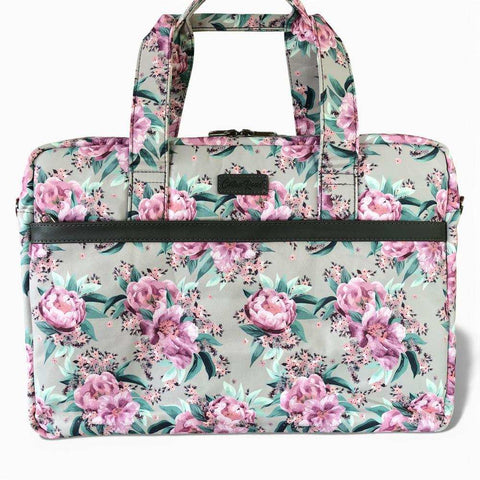 Cotton Road Laptop Bag: MINT GREEN Canvas FLORAL Laptop Bag with GREY Trim and Matching Sleeve COMBO
