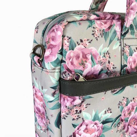 Cotton Road Laptop Bag: MINT GREEN Canvas FLORAL Laptop Bag with GREY Trim and Matching Sleeve COMBO