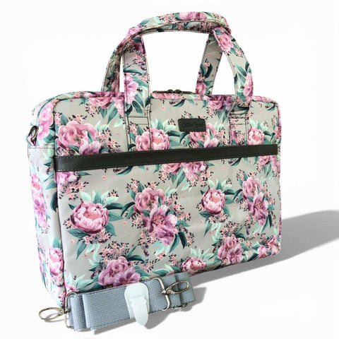 Cotton Road Laptop Bag: MINT GREEN Canvas FLORAL Laptop Bag with GREY Trim and Matching Sleeve COMBO