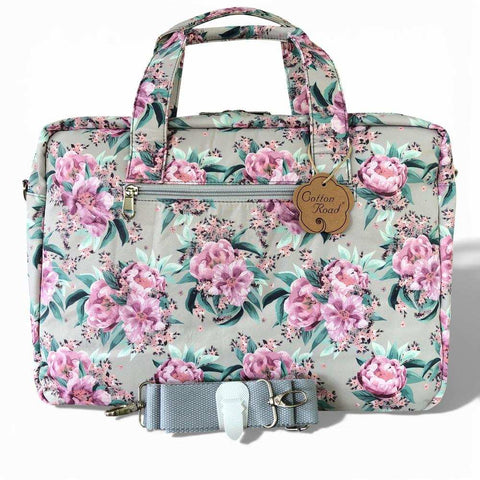 Cotton Road Laptop Bag: MINT GREEN Canvas FLORAL Laptop Bag with GREY Trim and Matching Sleeve COMBO