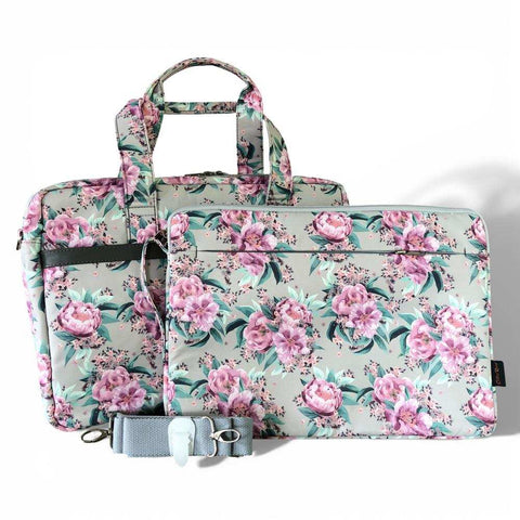 Cotton Road Laptop Bag: MINT GREEN Canvas FLORAL Laptop Bag with GREY Trim and Matching Sleeve COMBO
