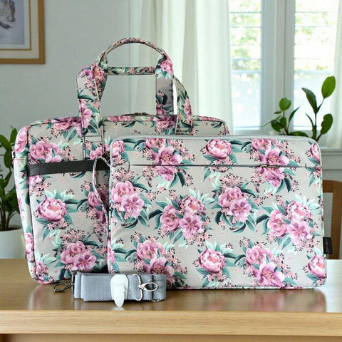Cotton Road Laptop Bag: MINT GREEN Canvas FLORAL Laptop Bag with GREY Trim and Matching Sleeve COMBO