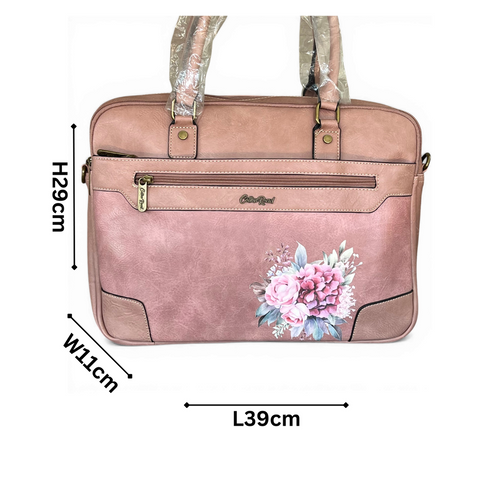 Cotton Road Laptop Bag: PINK PU Leather Bag with FLOWERS and Matching Sling Bag