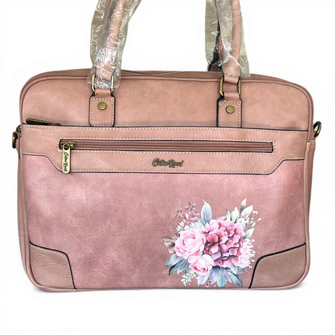Cotton Road Laptop Bag: PINK PU Leather Bag with FLOWERS and Matching Sling Bag