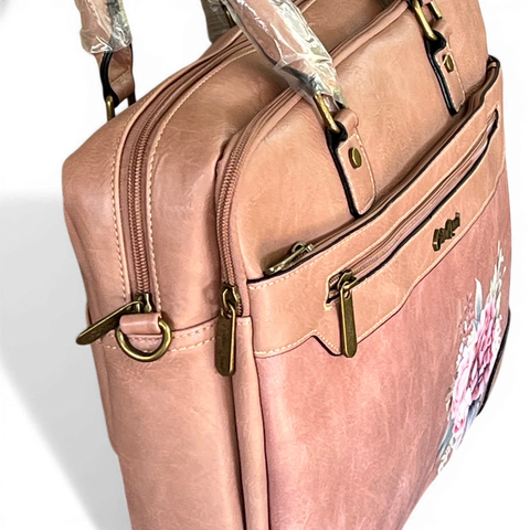 Cotton Road Laptop Bag: PINK PU Leather Bag with FLOWERS and Matching Sling Bag