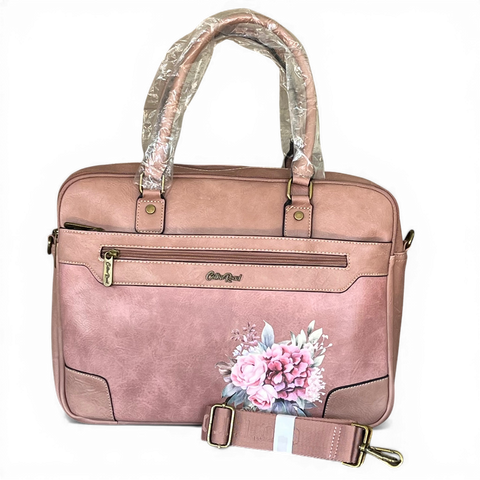 Cotton Road Laptop Bag: PINK PU Leather Bag with FLOWERS and Matching Sling Bag