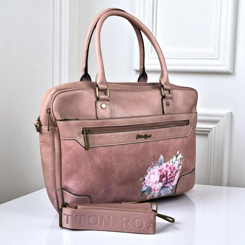 Cotton Road Laptop Bag: PINK PU Leather Bag with FLOWERS