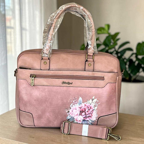 Cotton Road Laptop Bag: PINK PU Leather Bag with FLOWERS