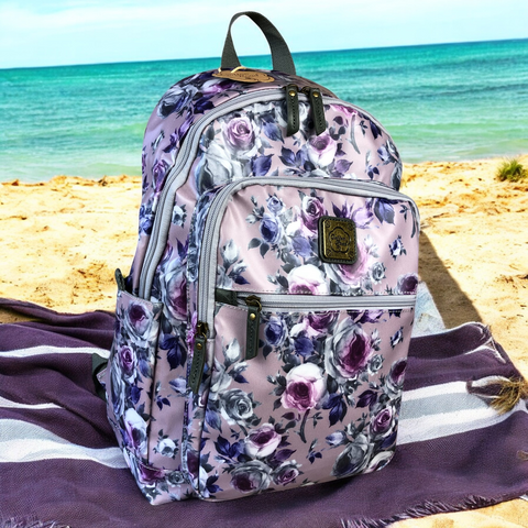Cotton Road Laptop Bag: PURPLE PVC 15,6" Backpack with FLOWERS