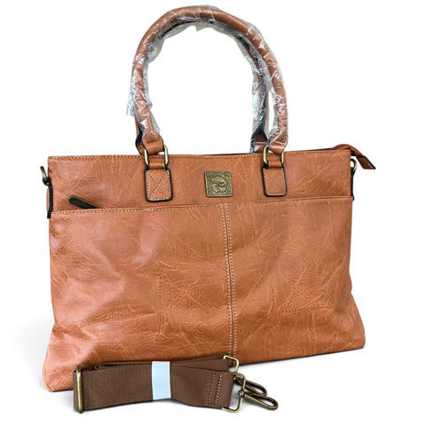 Cotton Road Laptop Bag: TAN PU Leather 15'6 with TOPSTICH detailing