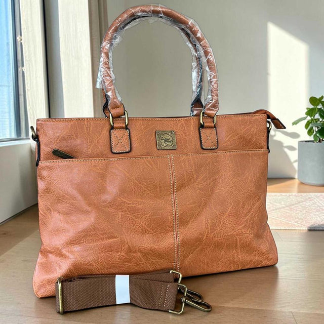 Cotton Road Laptop Bag: TAN PU Leather 15'6 with TOPSTICH detailing