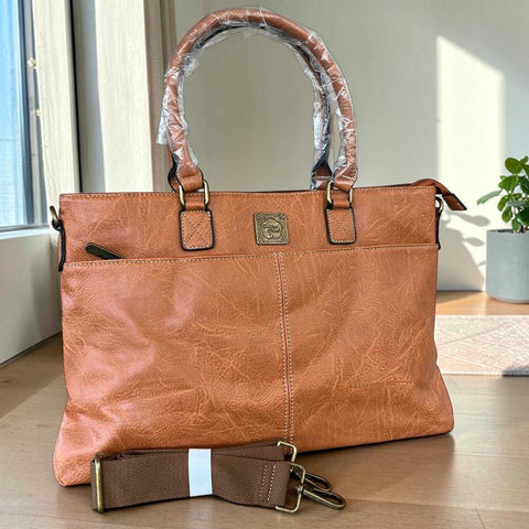 Cotton Road Laptop Bag: TAN PU Leather 15'6 with TOPSTICH detailing