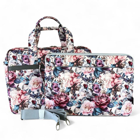 Cotton Road Laptop: PINK Canvas FLORAL Laptop Bag with GREY Trim and Matching Sleeve COMBO