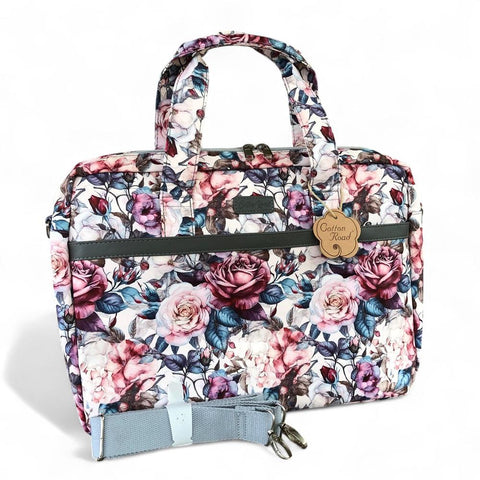 Cotton Road Laptop: PINK Canvas FLORAL Laptop Bag with GREY Trim and Matching Sleeve COMBO