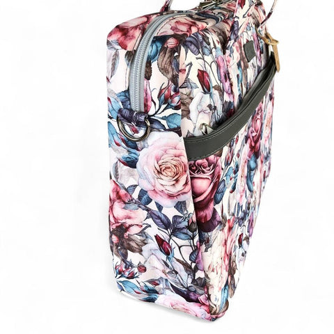 Cotton Road Laptop: PINK Canvas FLORAL Laptop Bag with GREY Trim and Matching Sleeve COMBO