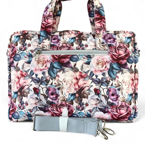 Cotton Road Laptop: PINK Canvas FLORAL Laptop Bag with GREY Trim and Matching Sleeve COMBO