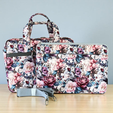 Cotton Road Laptop: PINK Canvas FLORAL Laptop Bag with GREY Trim and Matching Sleeve COMBO